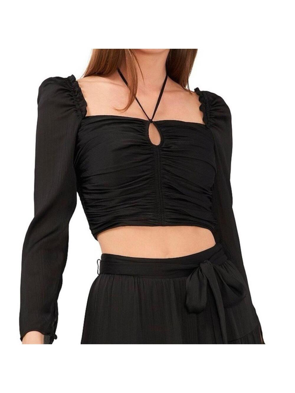 NWT Chelsea & Violet Plisse Long Sleeve Ruched Square Neck Cropped Top